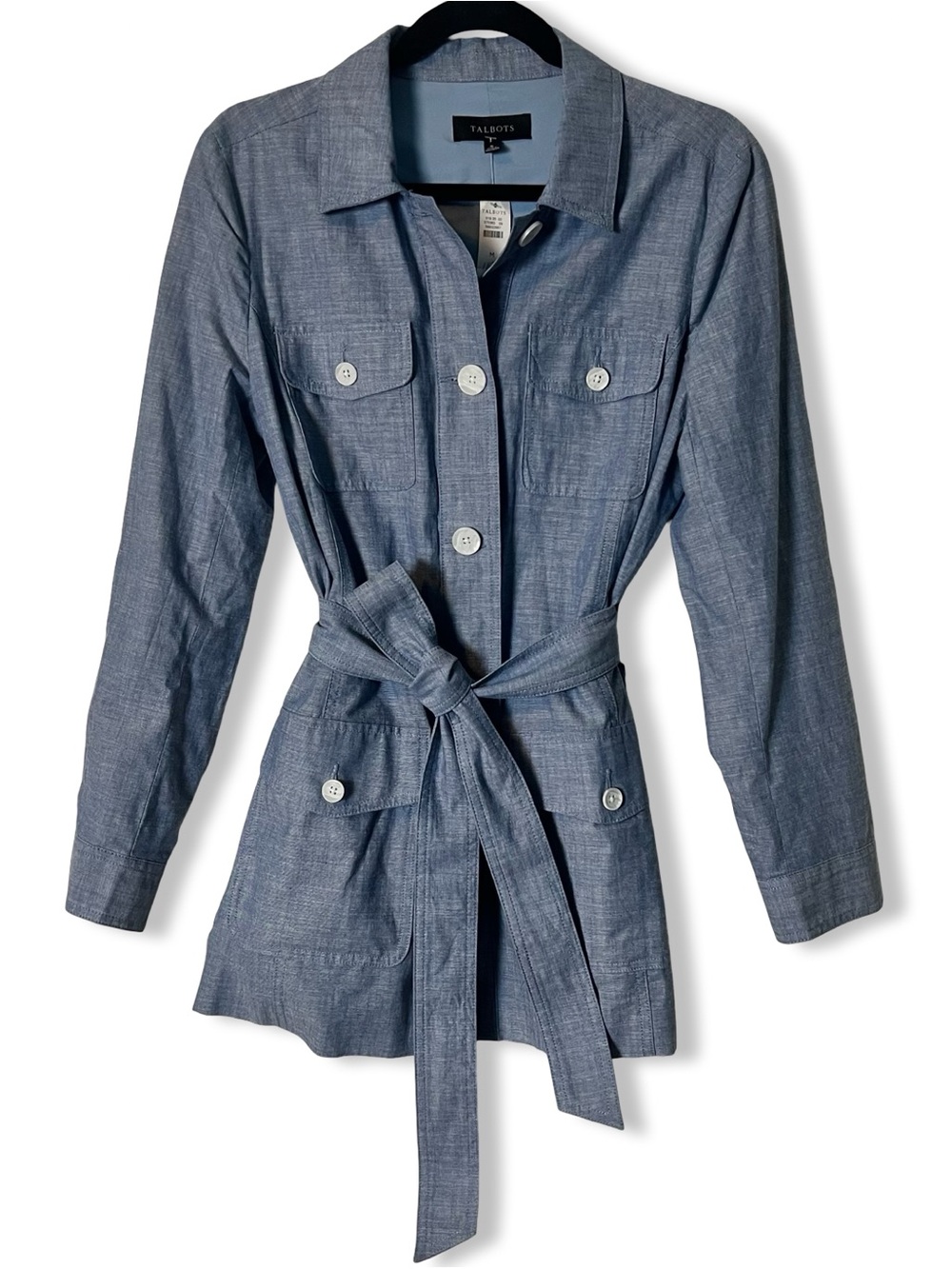 Talbots Womens Newport Chambray Chore Field Jacket Belted Four Pocket NWT Sz M